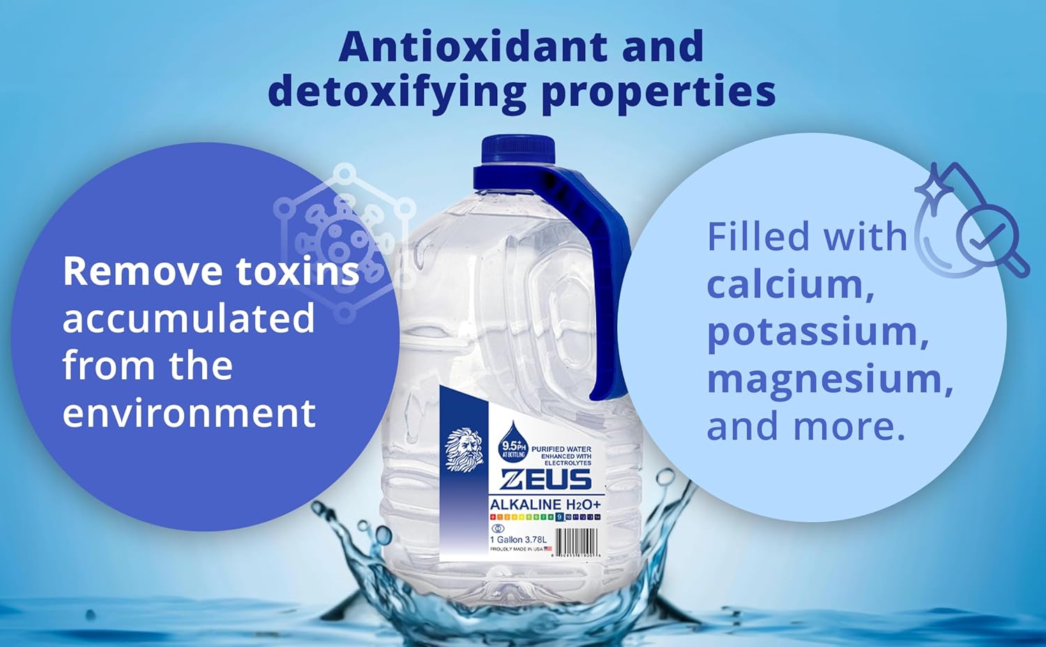 Zeus Alkaline Water Gallon 4-Pack | 9.5 pH Ionized Water with Electrolytes | Hydration Boost - Premium Drinking Water | Four One Gallon Bottles