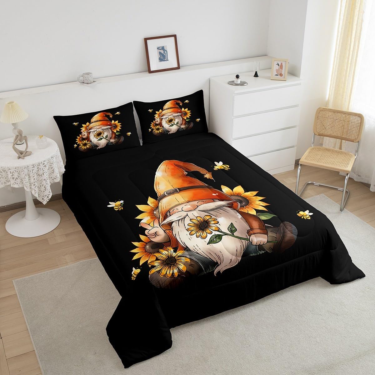 Erosebridal Gnome Queen Comforter Set Size Rustic Gnome Bedding Set for Teens Adult Spring Sunflower Honey Bees Quilt Vintage Garden Duvet Insert with 2 Pillow Shams Lightweight Warm