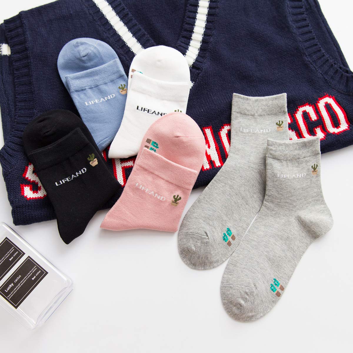 XSBQBC Womens Solid Color Soft Cotton Crew Socks Size 5-9 Pack of 5 (Solid 02)