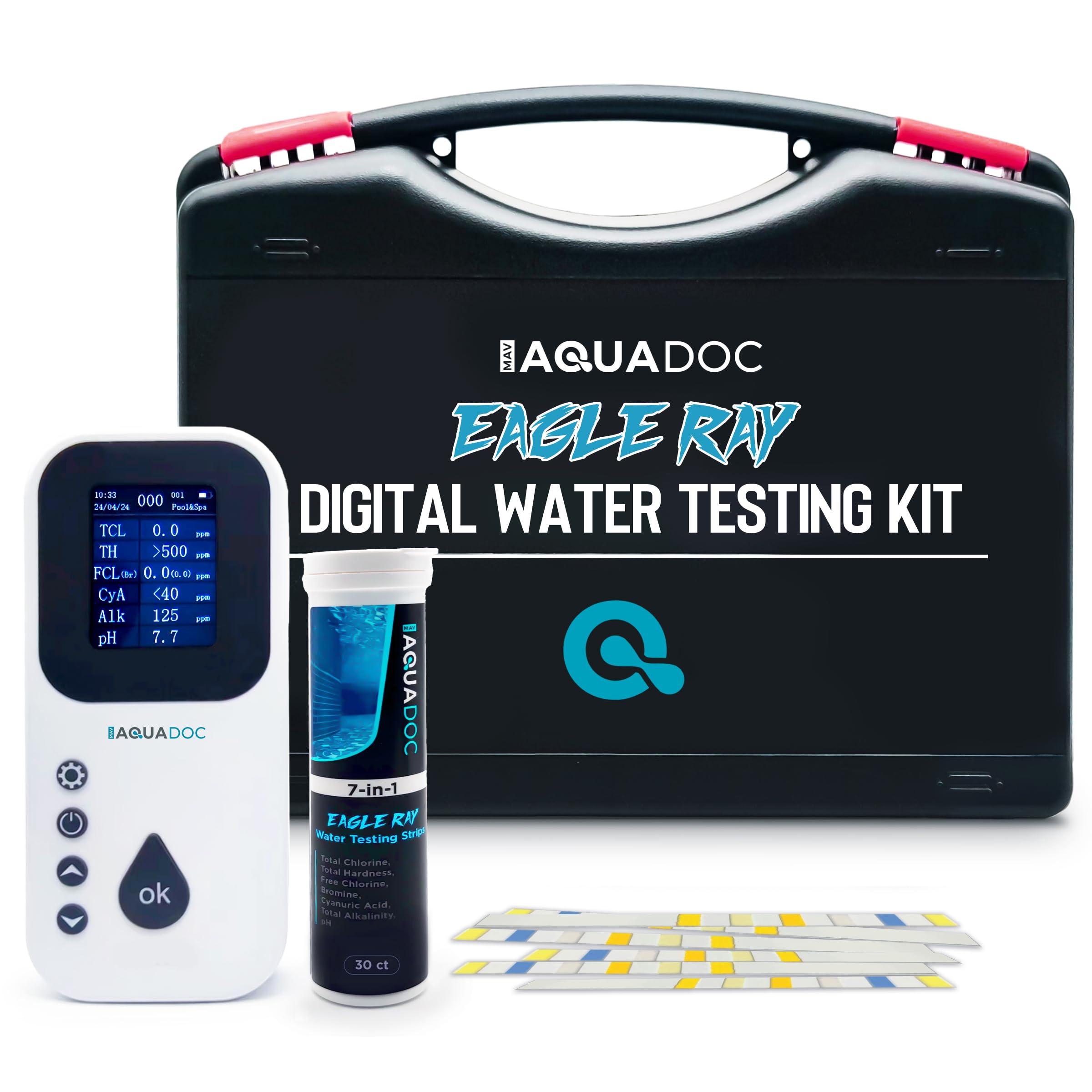 AquaDoc - Kit digital de prueba de agua para bañera de hidromasaje para spa, probador digital de cloro para spa con analizador de agua y tiras de prueba
