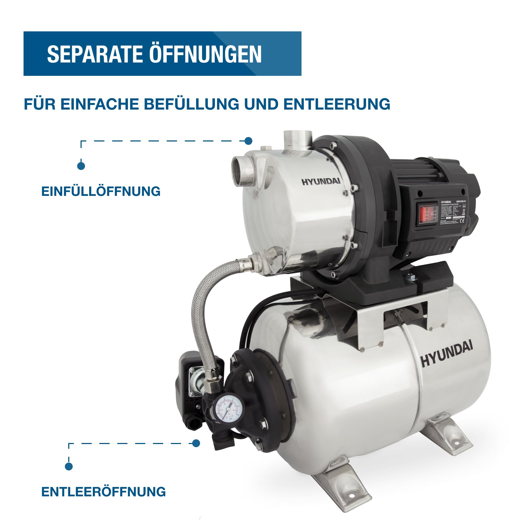 HYUNDAI Hauswasserwerk HWW12050-IN | 1200 W, 19 L INOX-Kessel | Fördermenge 5.000 l/h, Förderhöhe: max. 50 m | autom. Druckschalter, Edelstahl-Pumpengehäuse