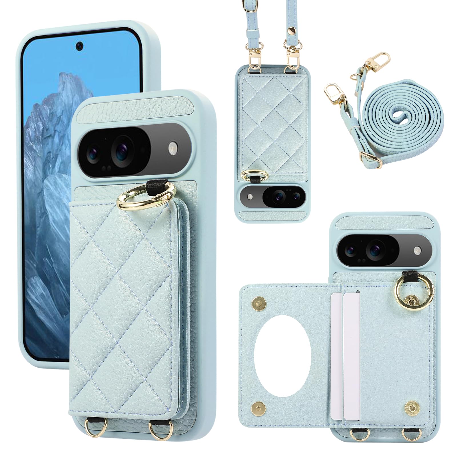 YDIJCYAN Handyhülle für Google Pixel 9 / Google Pixel 9 Pro Hülle mit Band+Ring+Schminkspiegel Stoßfest Handy Schutzhülle (Blauer)