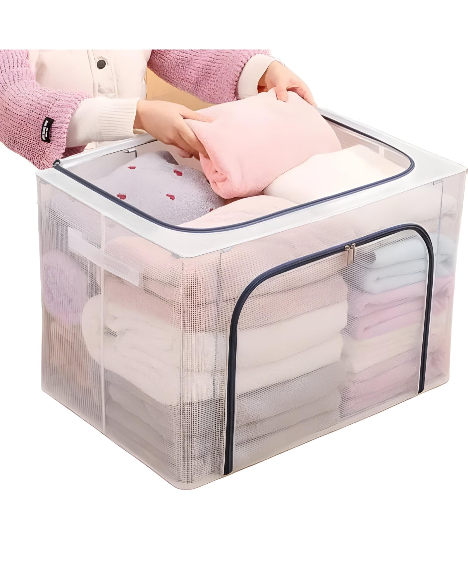 Foldable Storage Bag with Steel Frame, 66L Capacity, Wardrobe Organizer with Zipper- Pack of 1 - Color May Vary-image-13