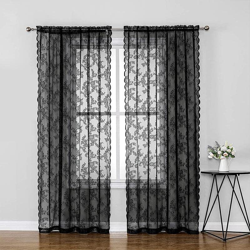 SHOVIAR Rideaux en Dentelle Noire pour Chambre à Coucher,2 Panneaux Voilages Noirs Vintage de Hauteur pour Porte/fenêtres, Fente, Filtre la lumière, Noir,100x140CM