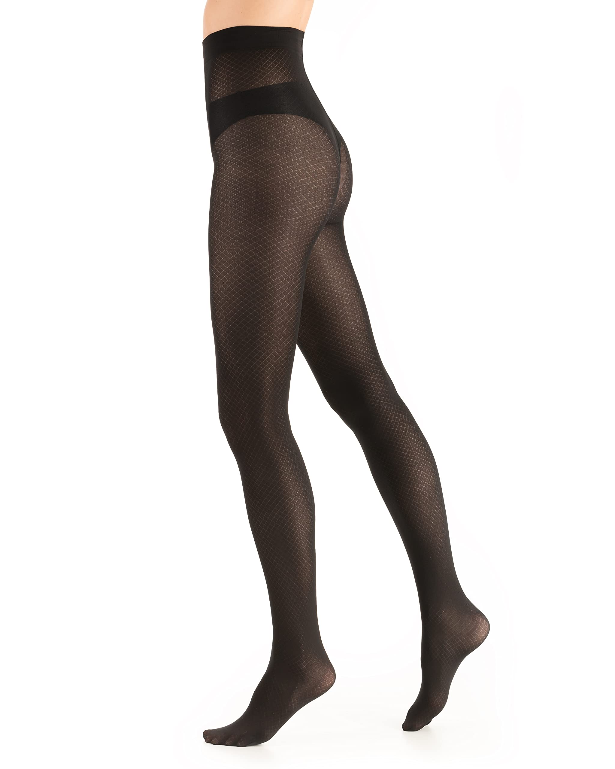 Ovissa Women's Pattern 3 Black Patterned Thick Tights Opaque Fishnet Mesh Stretchy Pantyhose Matt Elastic Sheer Hosier Diamonds Sensual Shiny Stockings 60 Denier Made In Italy, Sizes S-L