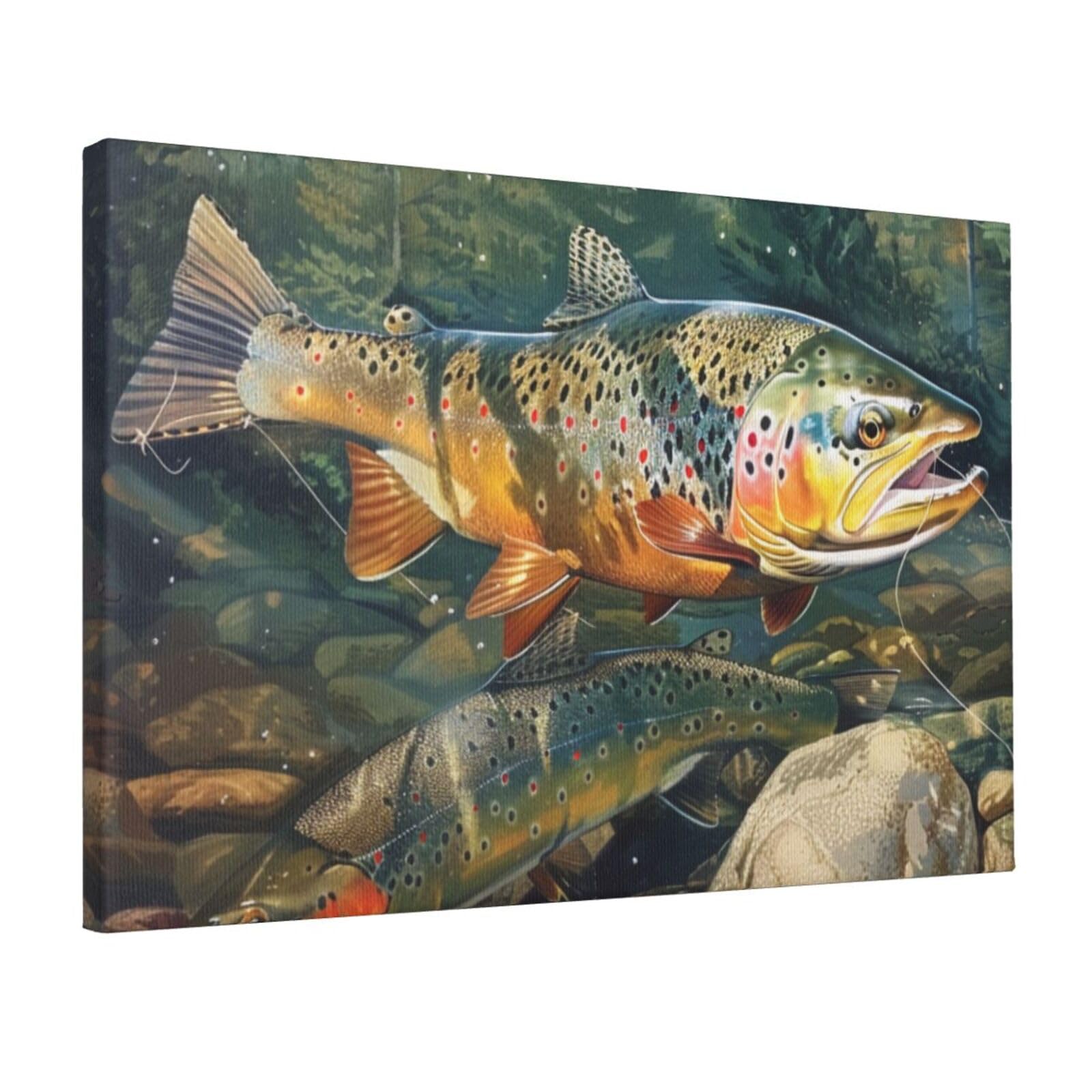 YKLJG Brook Trout Fly Fishing Printed Wall Art Canvas Prints 45x30 CM Wooden Framed Picture Painting Artwork for Bedroom Kitchen Home Office Decor