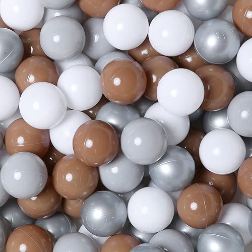 GOGOSO 100 bolas de plástico sin ftalatos y BPA para niños pequeños y niños, accesorios para la casa de juegos, café, gris perla, gris y blanco