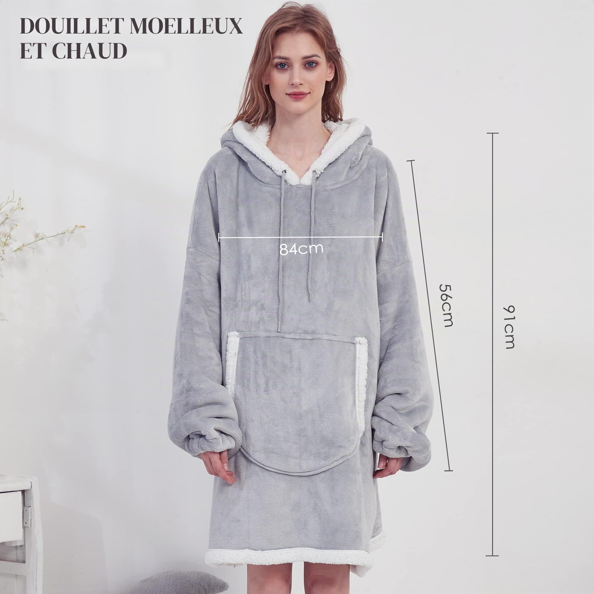 Viviland Sweat à capuche en sherpa doux et chaud avec grande poche frontale - pour adulte - parfait pour une soirée télé - gris - adulte