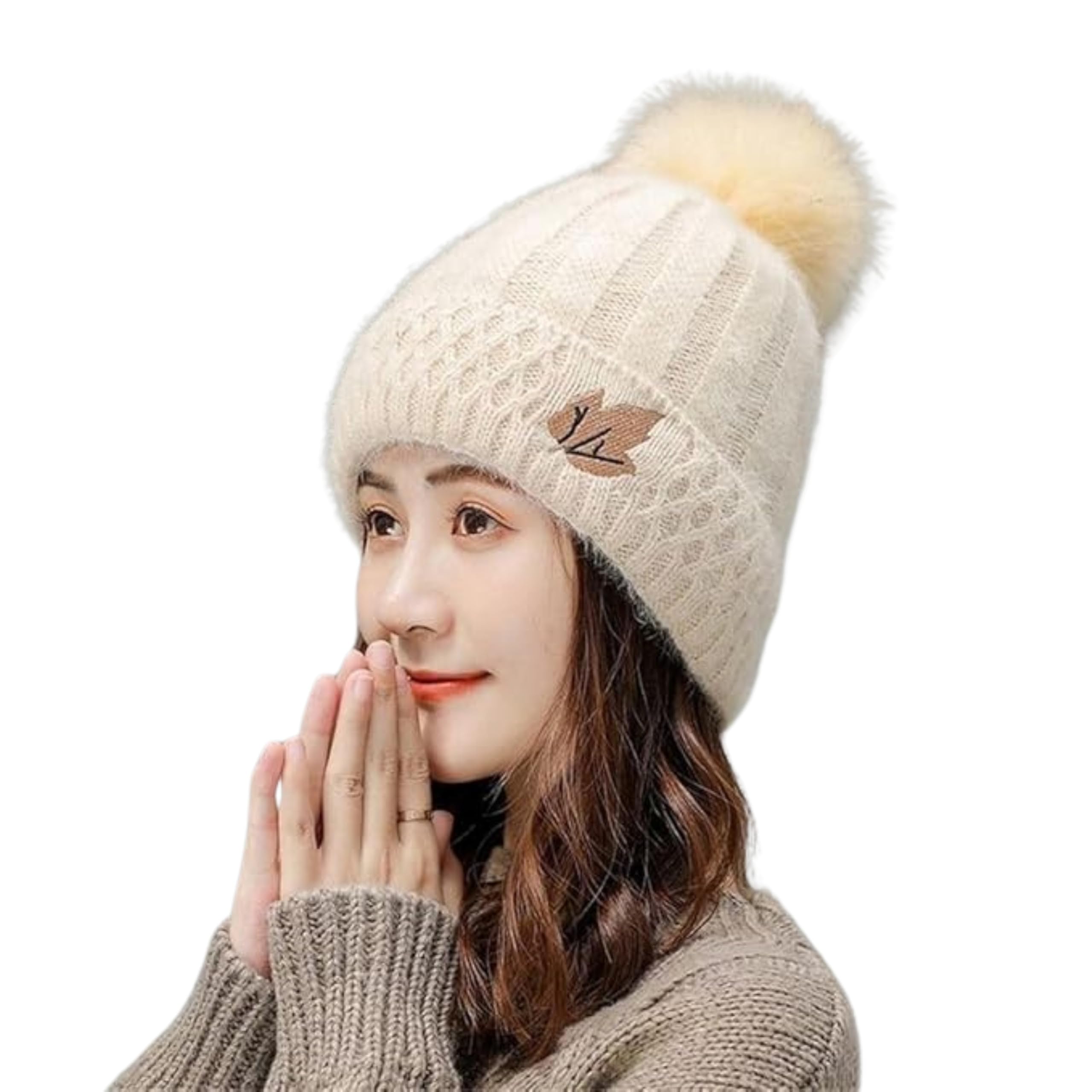 Winter Beanie for Women | Warm Knit Hat | Pom Pom Beanie | Fleece Lined Winter Hat | Cozy Beanie Cap, Casual Winter Hat for Women | Fluffy Pom Pom Hat