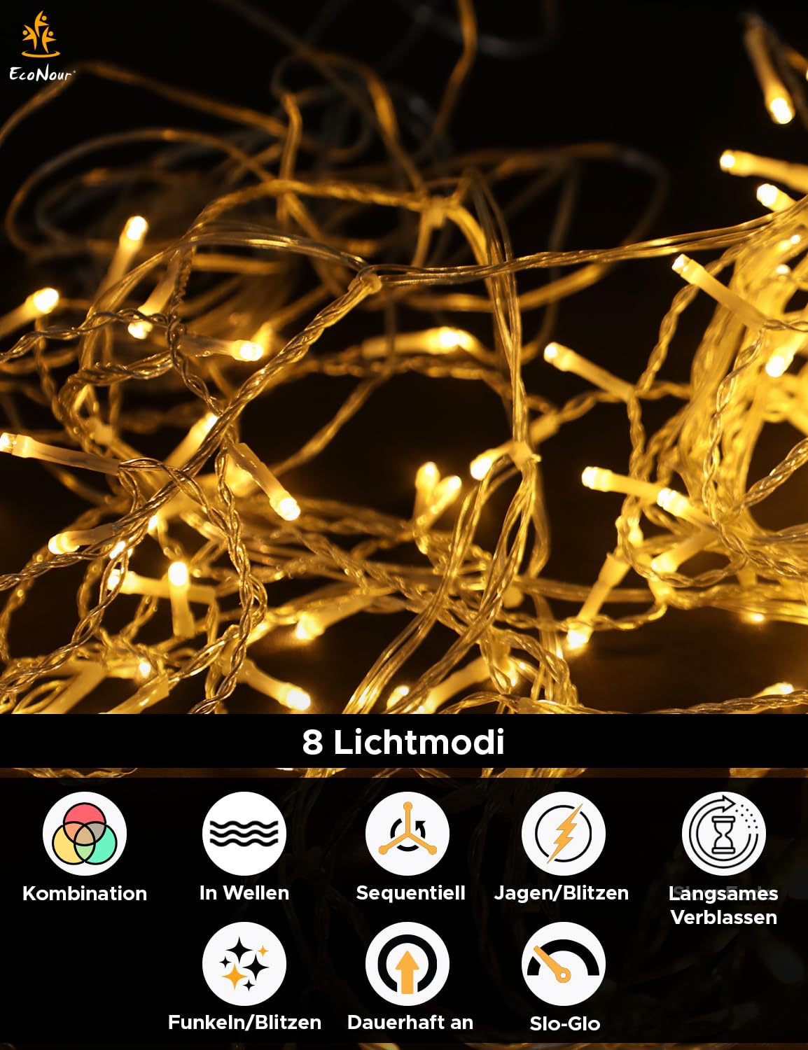 EcoNour Eiszapfen-Lichterkette für den Außenbereich, 2000 LEDs, 60 m, warmweiß, mit Timer für Weihnachten, Garten & Party | Netzbetriebenes, transparentes Kabel