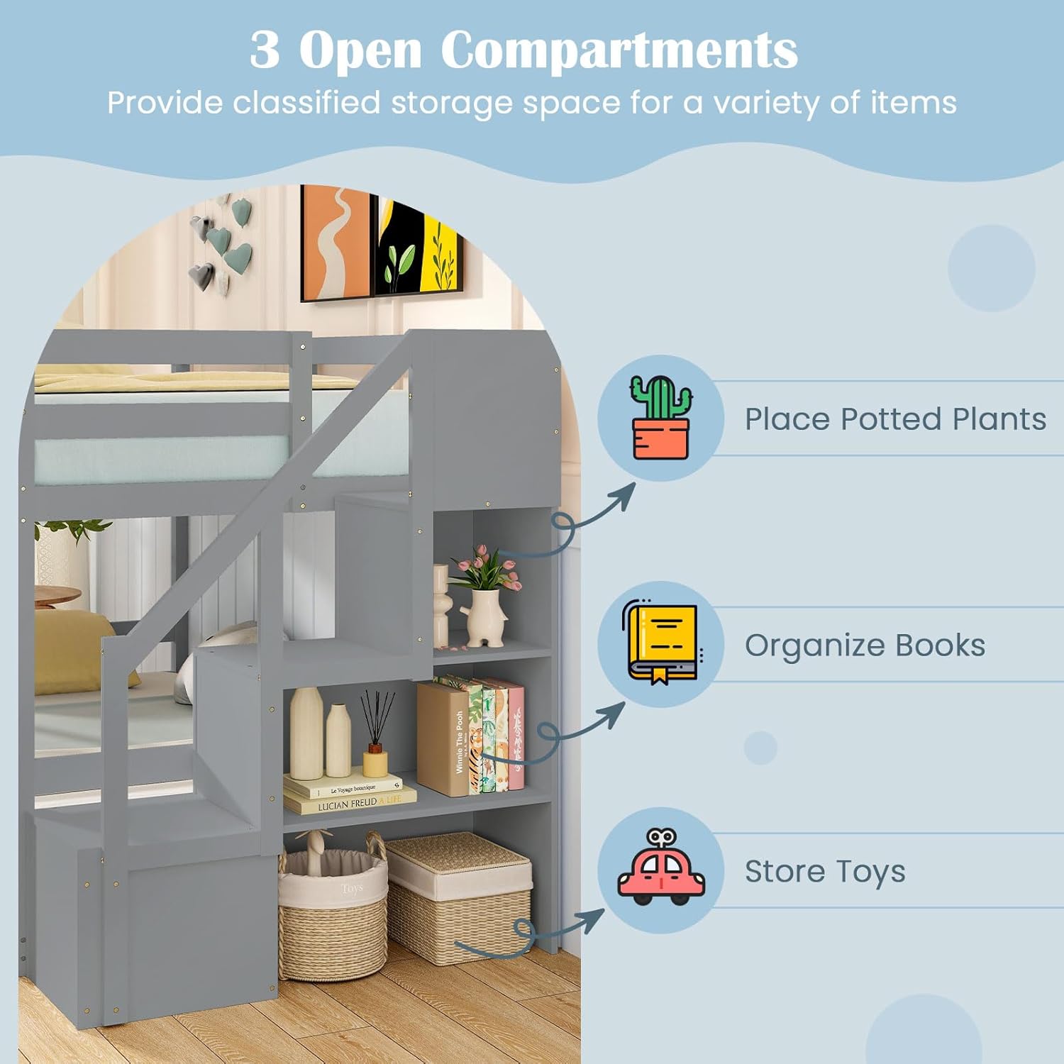 Close-up of the 3 open storage compartments integrated into the bunk bed stairs