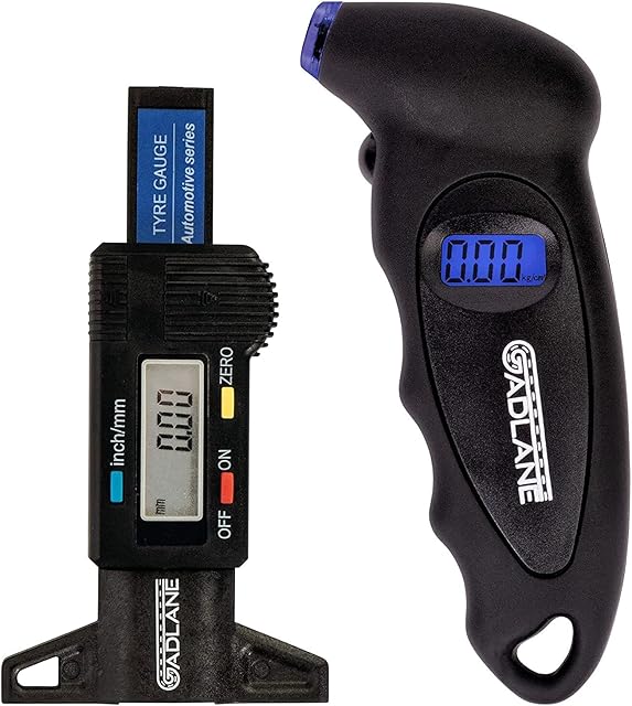 GADLANE Digital Tyre Tread Depth Gauge & Tyre Pressure Gauge Set - 0 - 25.4mm / 1 Inch Tyre Depth Gauge Checker, Tyre Pressure in PSI/ Bar/ KPA & Kg/Cm2 With Backlight LCD Display For Car Van SUV