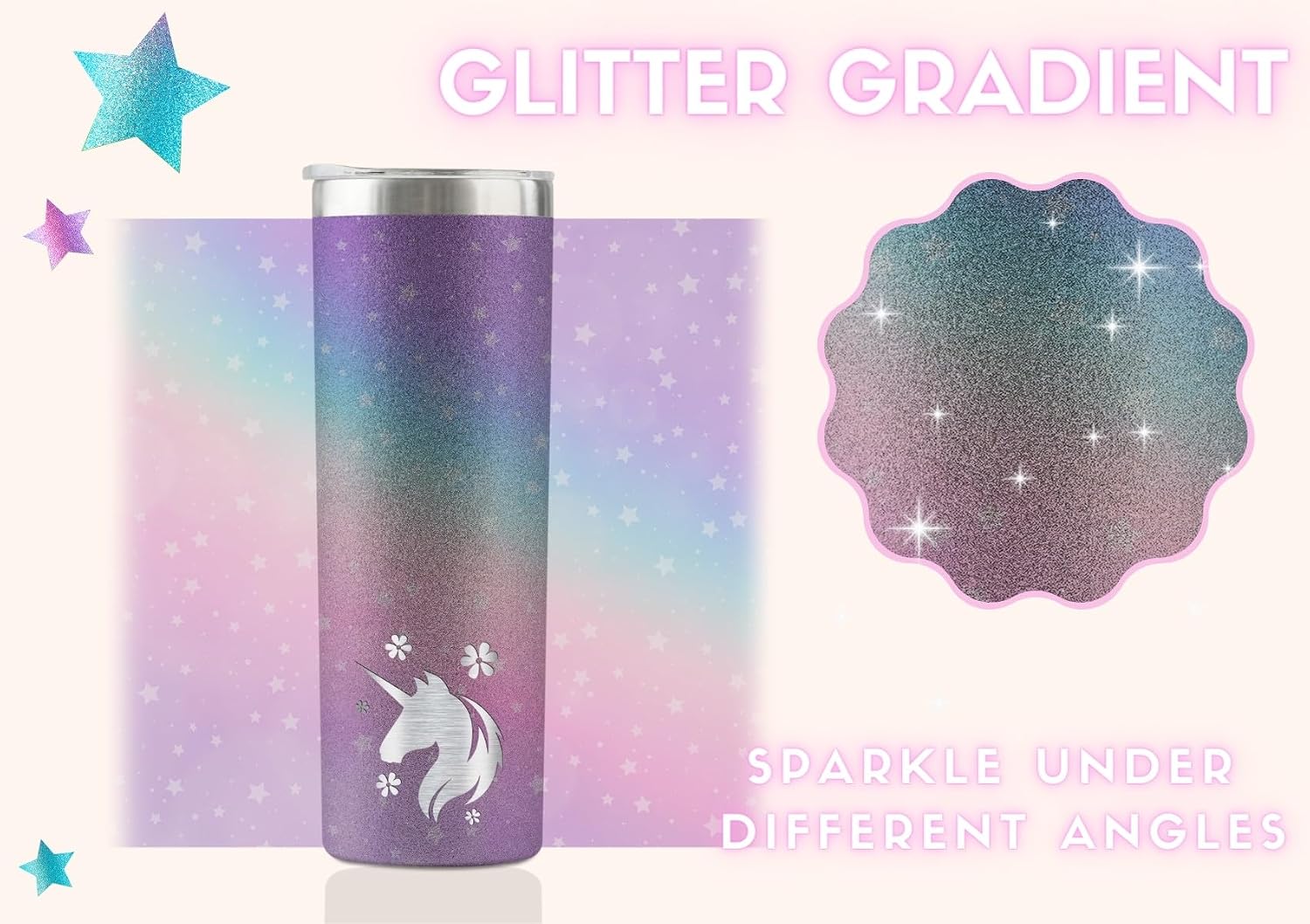 Onebttl Unicorn Gifts for Teen Girls & Women, 20oz Insulated Stainless Steel Tumblers with Lids and Straws, Perfect Gifts for Unicorn Lovers Girl Women - Glitter Blue Purple - Colored