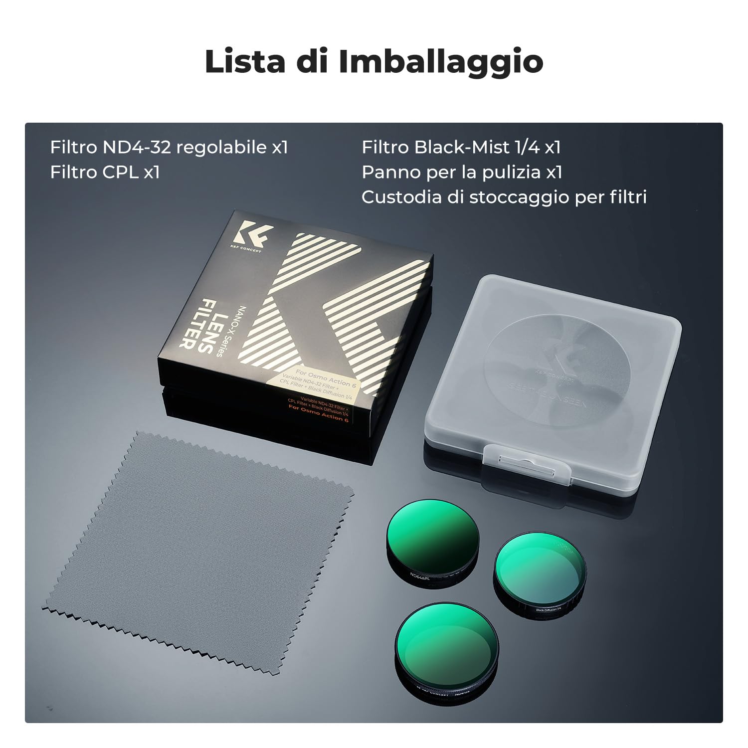 K&F CONCEPT Set di 3 Filtri a Clip CPL VND Black-Mist 1/4 compatibile con DJI Osmo Action 6, Confezione da CPL Black Promist 1/4 + ND4-32, Vetro Ottico HD Multirivestito, Accessorio per Action Camera