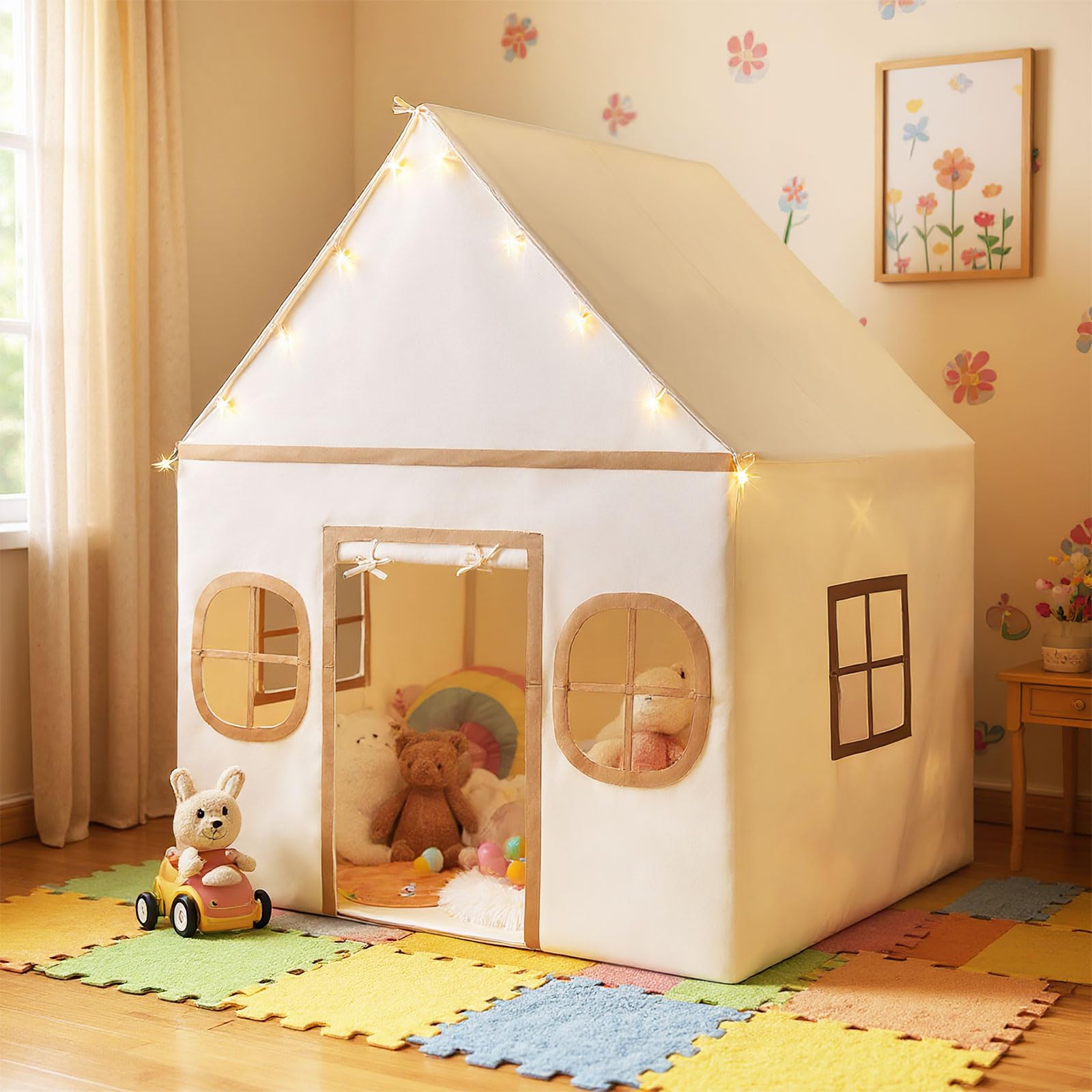 COSTWAY Kids Play Tent, Large Toddler Playhouse with Star Lights, Non-slip Mat, Windows, Side Storage Pocket, Indoor Castle Fairy Tents for Girls Boys (Beige+Brown)