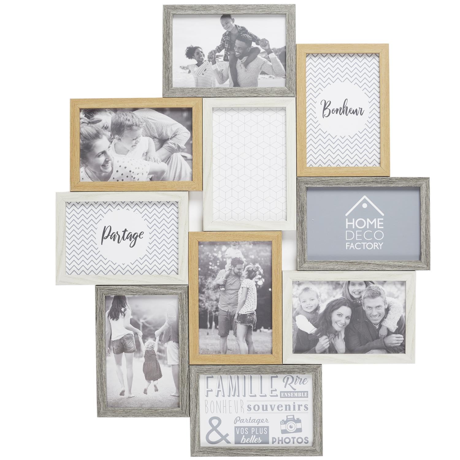 HOME DECO FACTORY - HD4213 – Multi-Photo Frame for 10 Photos Wood and White Souvenir Decoration – Beige Brown