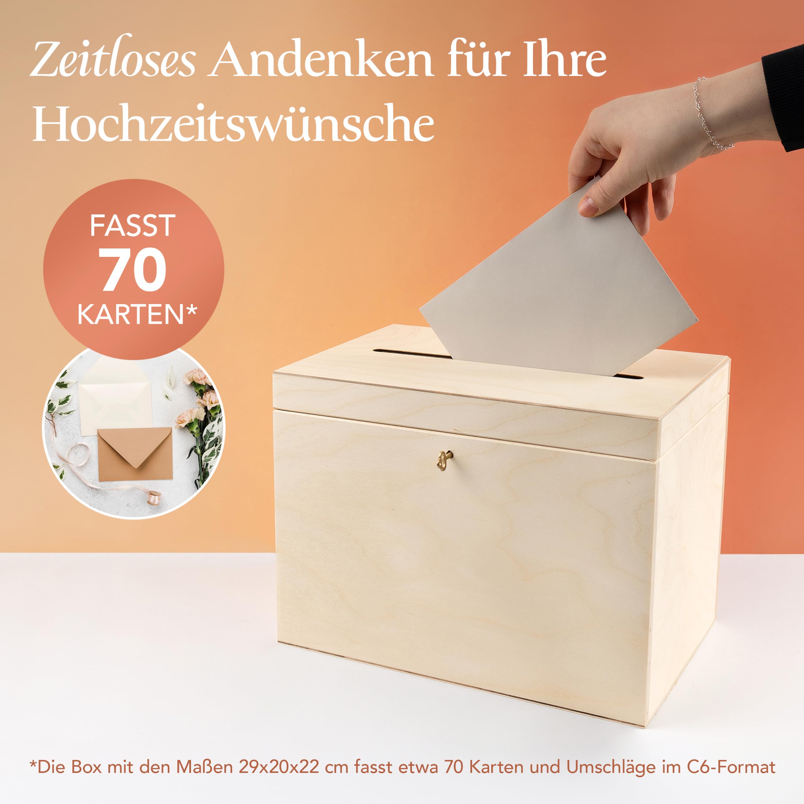 Creative Deco Kartenbox Hochzeit Holzkiste mit Deckel | 29 x 20 x 22 cm | Geldgeschenke Holzbox mit Schlitz, Schloss und Schlüssel Geschenkkarten Box Geldbox Briefbox Kasten | Lagerung Spendenbox