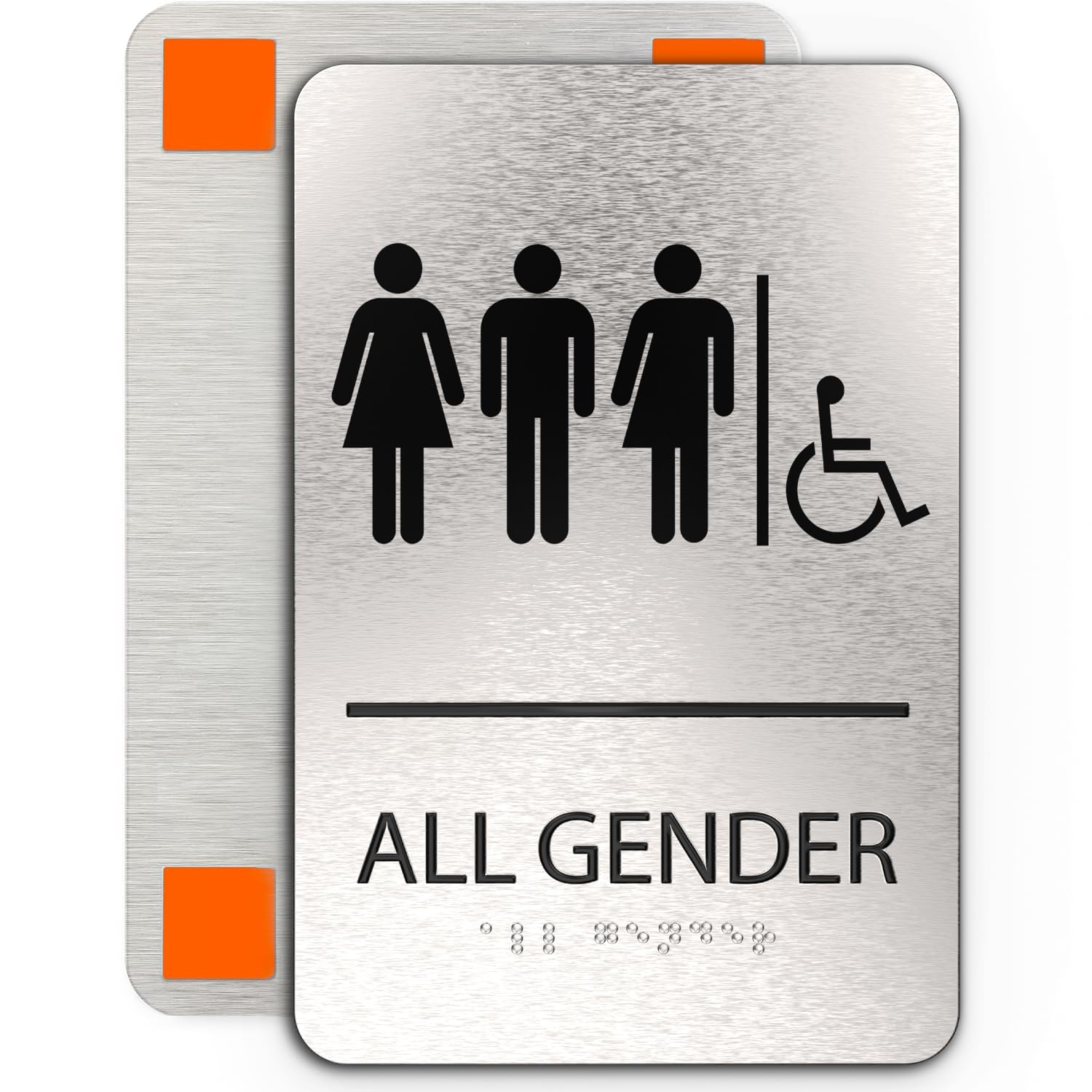 ADA Restroom Signs | 6x9 inches Restroom Signs for Business Brushed Aluminum with Braille and Mounting Tape, Easy Do-It-Yourself Install (All Gender