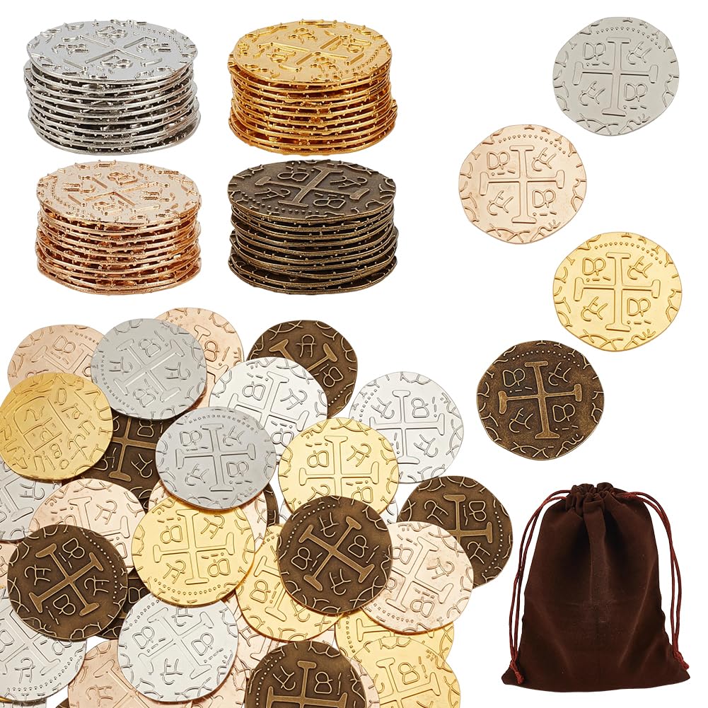 HOBBIESAY Games Pirate 40 Gold Treasure Coin Set Pirate Coins Treasure Chest Party Favors Replica Spanish Doubloons Decor for Halloween Adventure Themed Party Props Decor