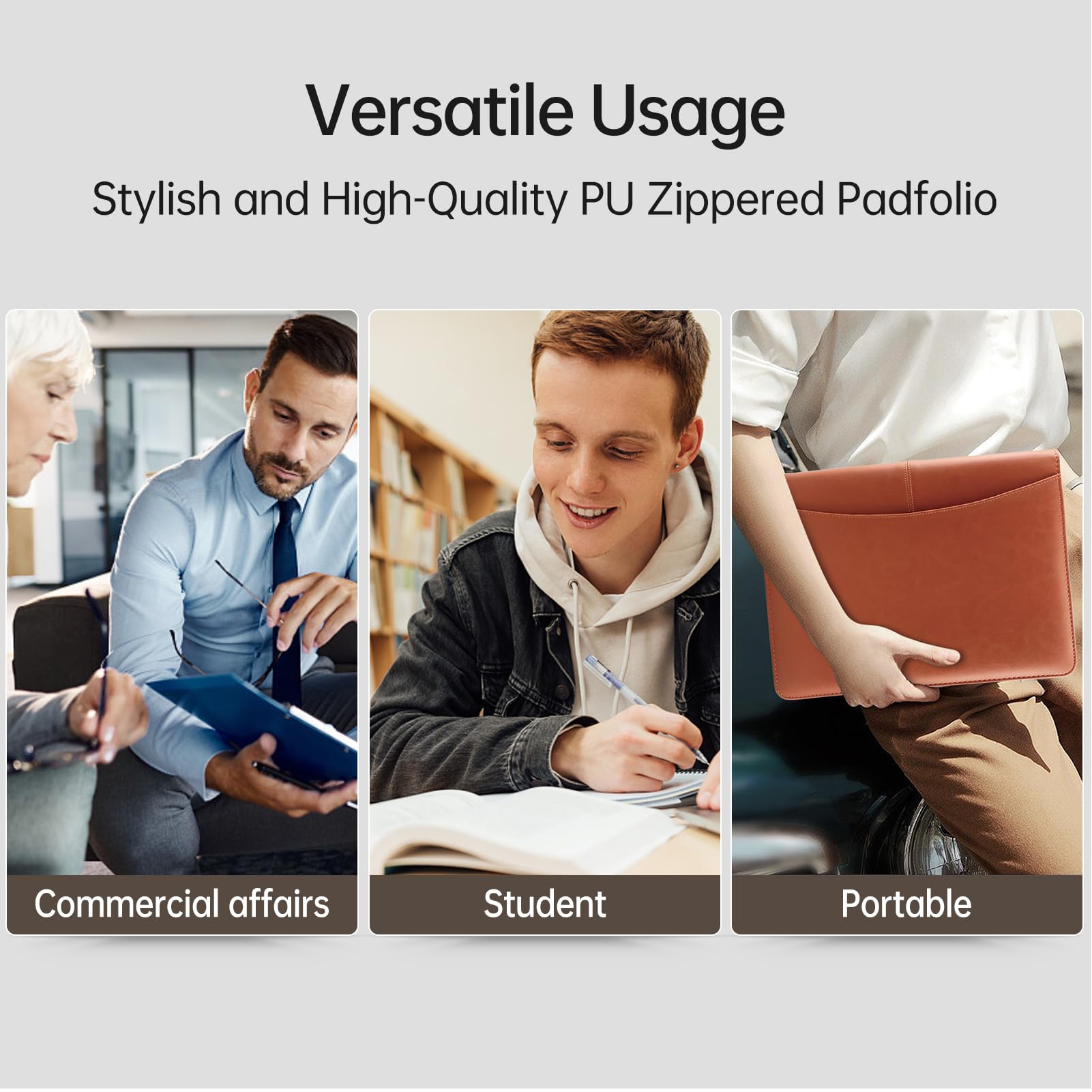 Portfolio organizer con cerniera, formato A4, in poliuretano, con calcolatrice, per interviste, curriculum, pianificatore, agenda, agenda e supporto per manici, per uomini e donne