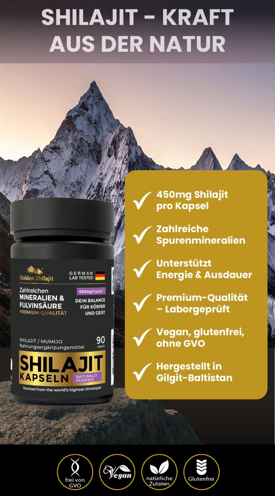 Goldene Shilajit-Kapseln 450 mg 90 Kapseln (3-Monats-Vorrat) Mumijo mit über 85 Natürliche Mineralien mit Fulvinsäure & Huminsäure Natürliche Energie und Vitalität, Pflanzlich, Laborgeprüft