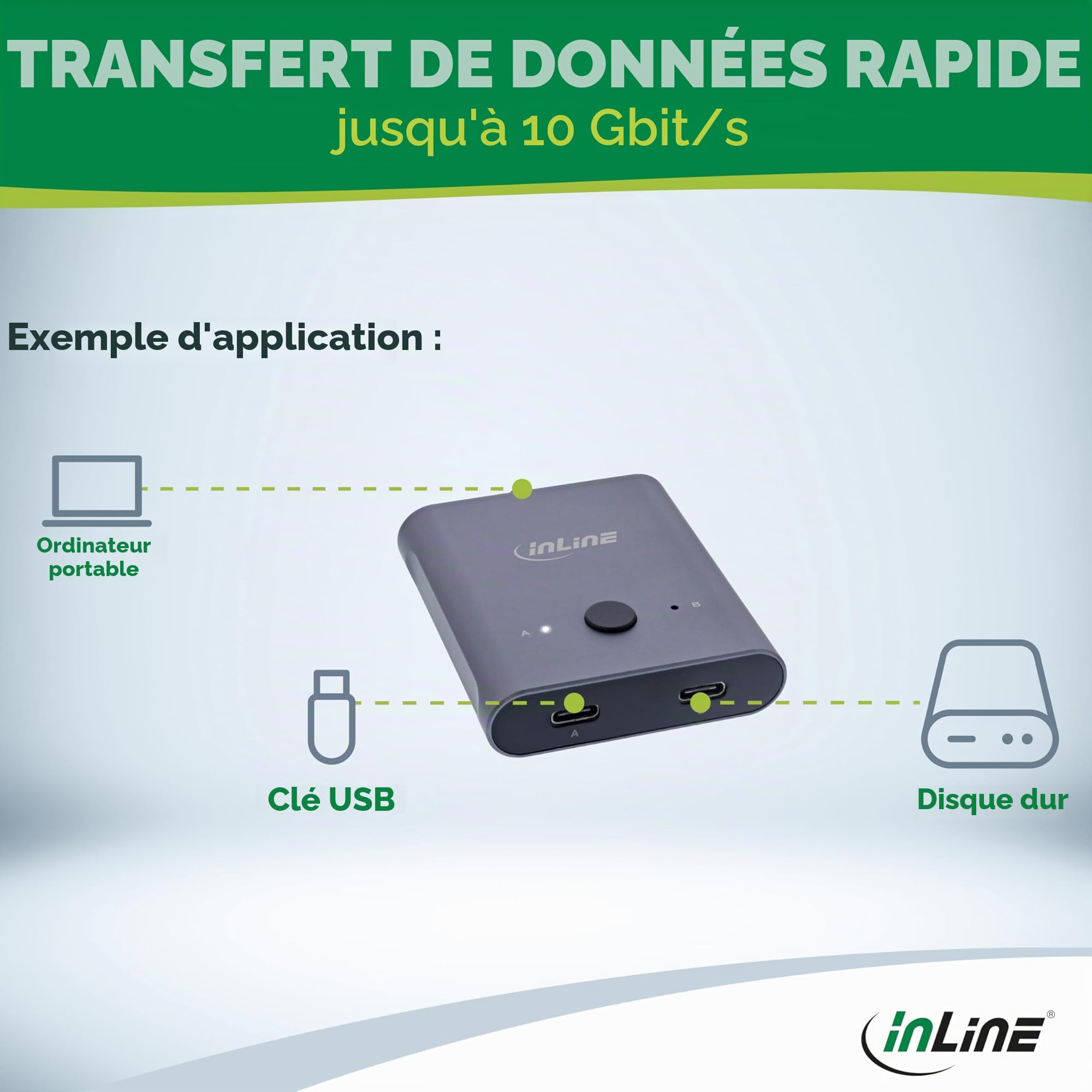 InLine Commutateur USB-C bidirectionnel (données et vidéo), 2 en 1 Sortie ou 1 en 2 Sorties, répartiteur/commutateur pour PC, vidéo 8K @ 60 Hz 4K @ 60 Hz, Transfert de données 10 GB/s, Charge 100 W,