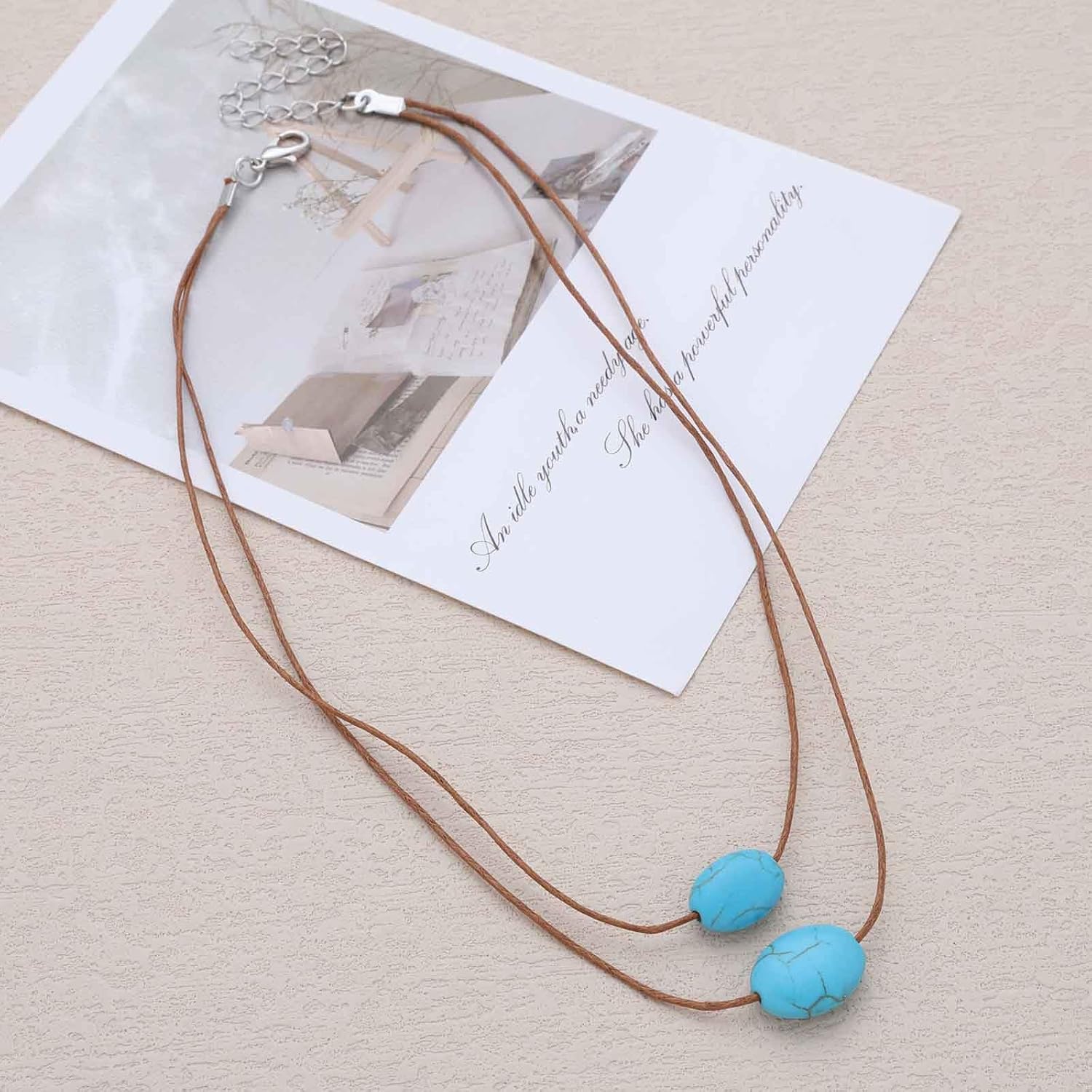 Vintage Layered Brown Suede Leather Choker Necklace Turquoise Pendant Necklace Oval Turquoise Choker Necklace Brown Crod Chain Necklace Jewelry for Women - Image 3