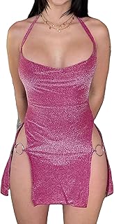 Women's Sexy Glitter Summer Halter Bodycon Dress Lace Criss Cross Spaghetti Mini Dress Backless Cowl Neck Party Dresses