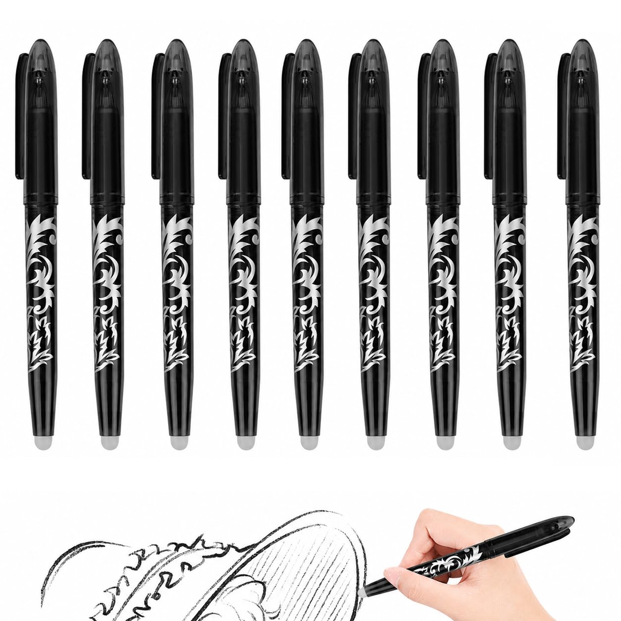 RUCUDIM Erasable Ballpoint Pen, Gel Pen, 9 Rollerball Pens, Erasable Pen, 0.5 mm Erasable Pen, Friction Pens for School Supplies, Office Supplies, Students, Black