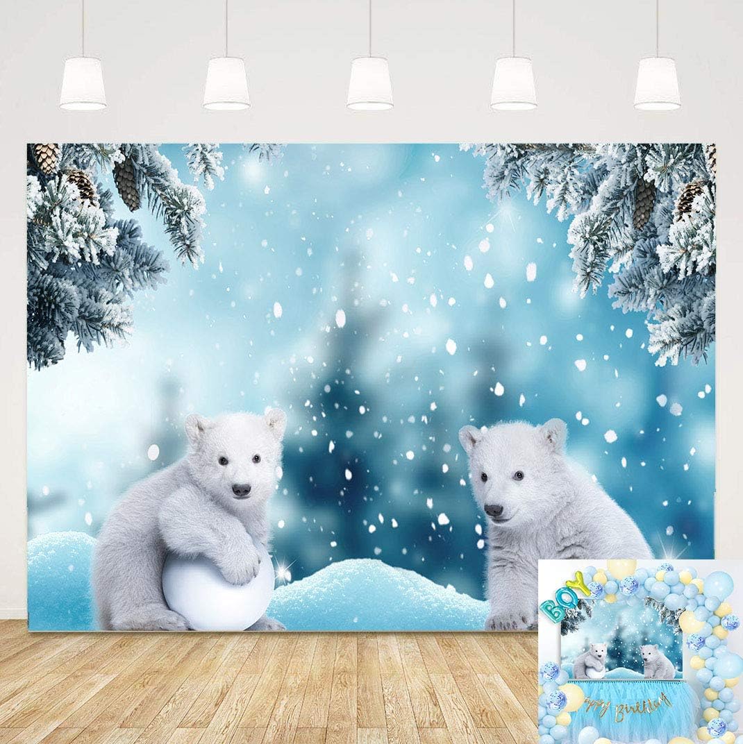 Winter White Polar Bear Photography Background Ice Snow Xmas 5x3ft Baby Shower Children Birthday Party Backdrop Snowflake Forest Christmas Decoration Banner Photo backdrops Studio Booth Props