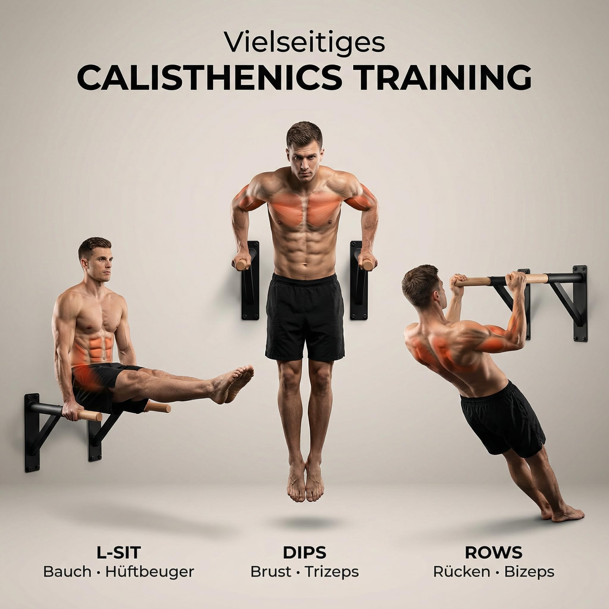 Dip Barren Wandmontage – Dip Station aus Stahl & Buchenholz | 38mm Griff, bis 150 kg, 45cm Wandabstand | Calisthenics Dip Stange für Home Gym