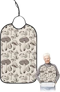 Kewadony Adult Bibs for Elderly Women - Mushroom Waterproof Dining Clothing Protectors with Crumb Catcher for Eating/Feeding, Natural Plant Retro Aesthetic Grey Painting Terry Cloth Bib Washable
