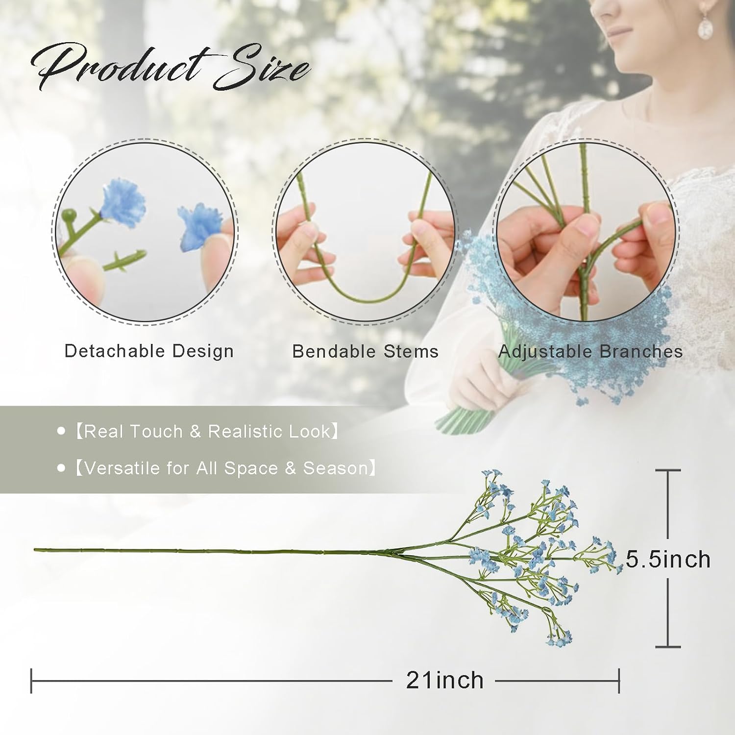 Light Blue Artificial Baby's Breath Flowers 18Pcs Real Touch Fake Gypsophila with Stems Long-Lasting Bulk Realistic Flowers for Wedding Bouquet Table Decorations Party Decor DIY Crafts