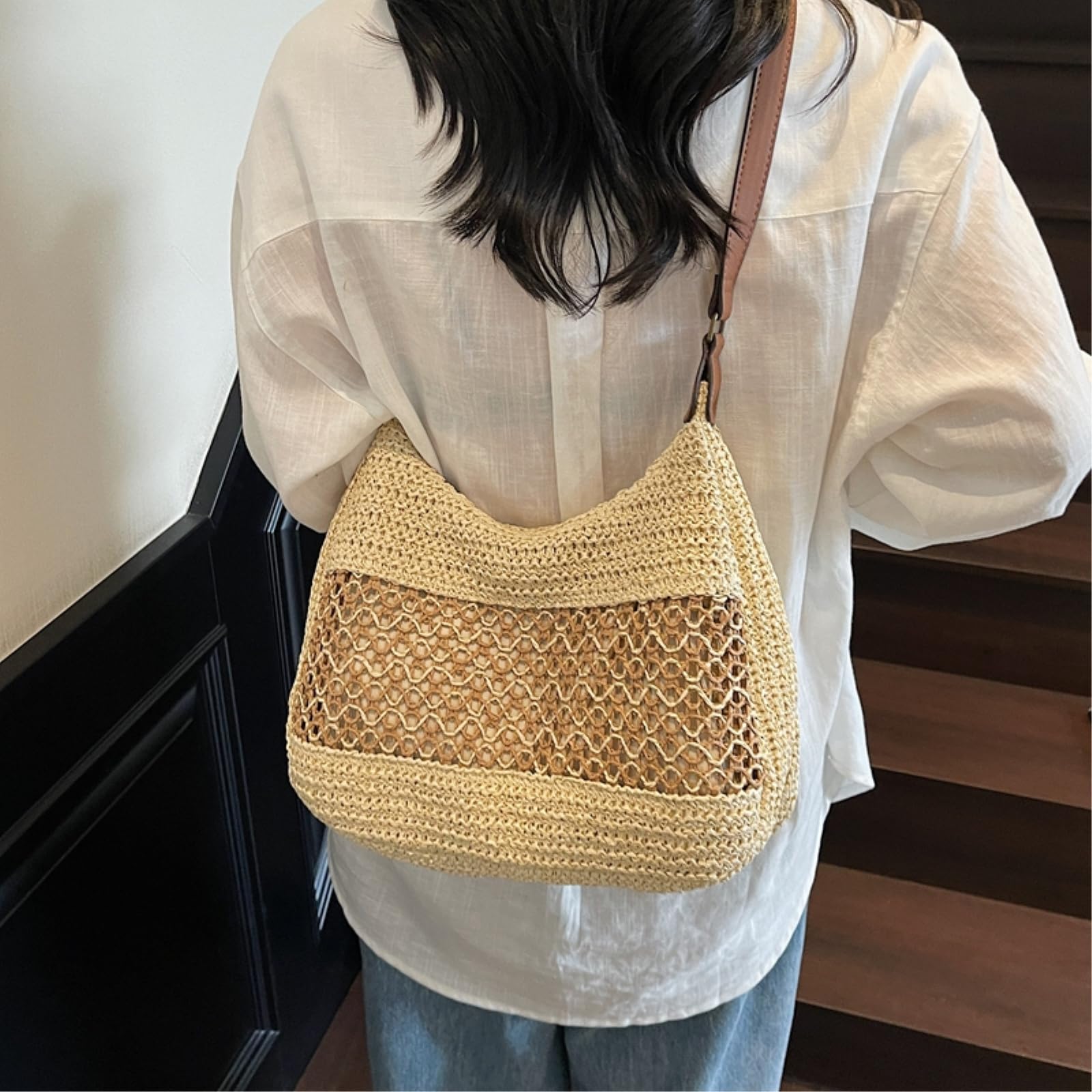 Borsa di Paglia Donna Grande capacità, Tessuto A Mano Rattan, Spalla Spiaggia Estiva, Crossbody Casual da Viaggio -Khaki
