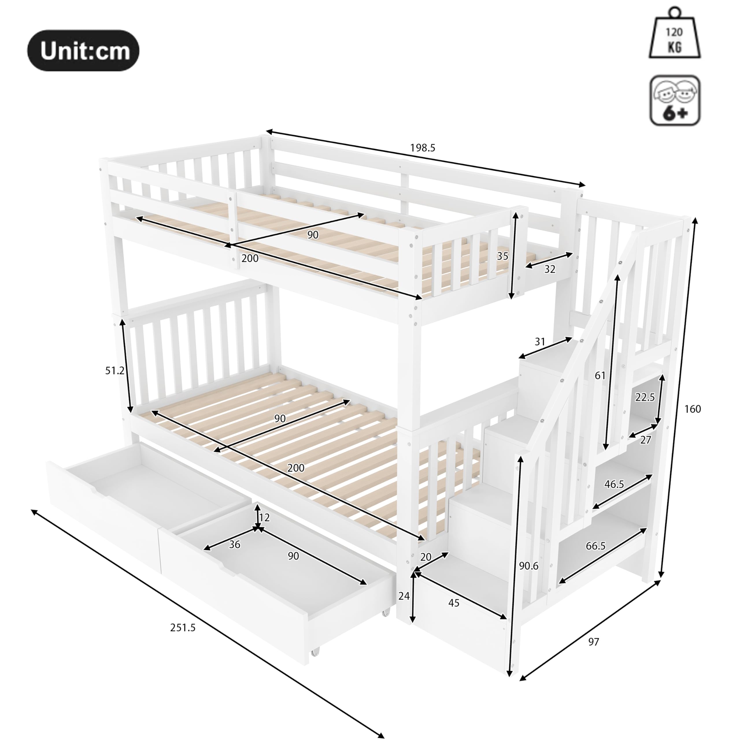 Rtopsu Etagenbett Kinderbett 90x200 cm für 2 Kinder, Hochbett Holzbett mit Treppe und 2 Stauraum Schubladen, Bett mit Rausfallschutz und Lagerregal, Hausbett mit Lattenrost, Weiß, Ohne Matratze