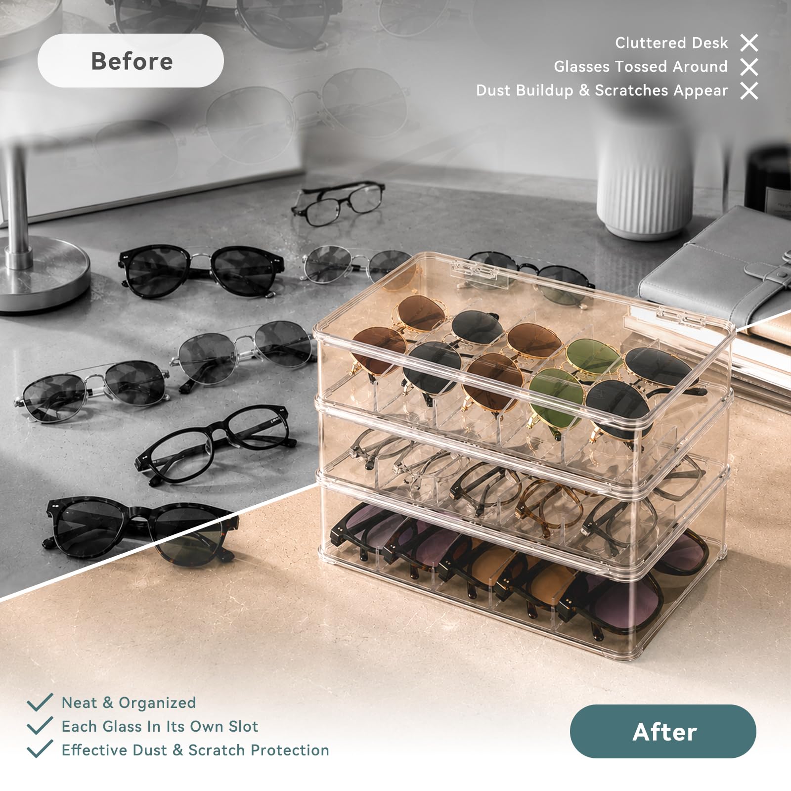 3 Acrílico Organizador de Gafas de Sol Capacidad para Guardar Varias Gafas - Caja para Gafas 5 Cuadrículas con Tapa Transparente - Apilable Guarda Gafas Organizador para Almacenamiento Joyas