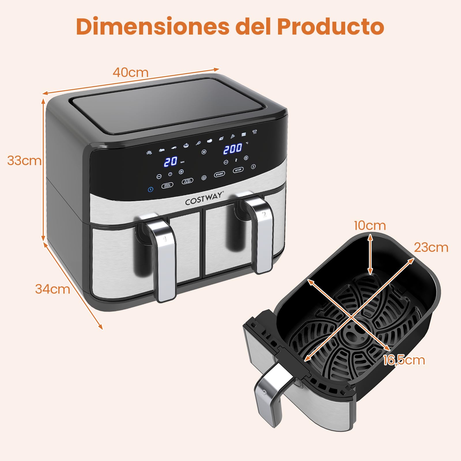 COSTWAY Freidora Aire 8L, XXL, 10 en 1 Air Fryer con Doble Cesta, Pantalla Táctil Digital y Aire Caliente de 360°, 2100W, 6-9 Personas, Apto para Lavavajillas