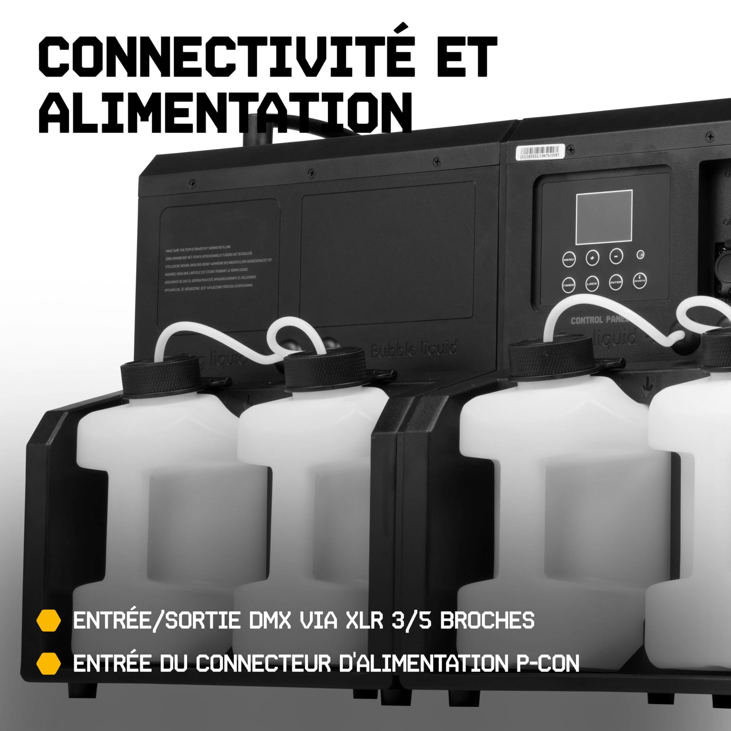 BeamZ Cyclone400 Pack Machine à Fumée et à Bulles 2-en-1 avec 48 LEDs RGBW, 10L de liquide à fumée et 10L de liquide à bulles inclus
