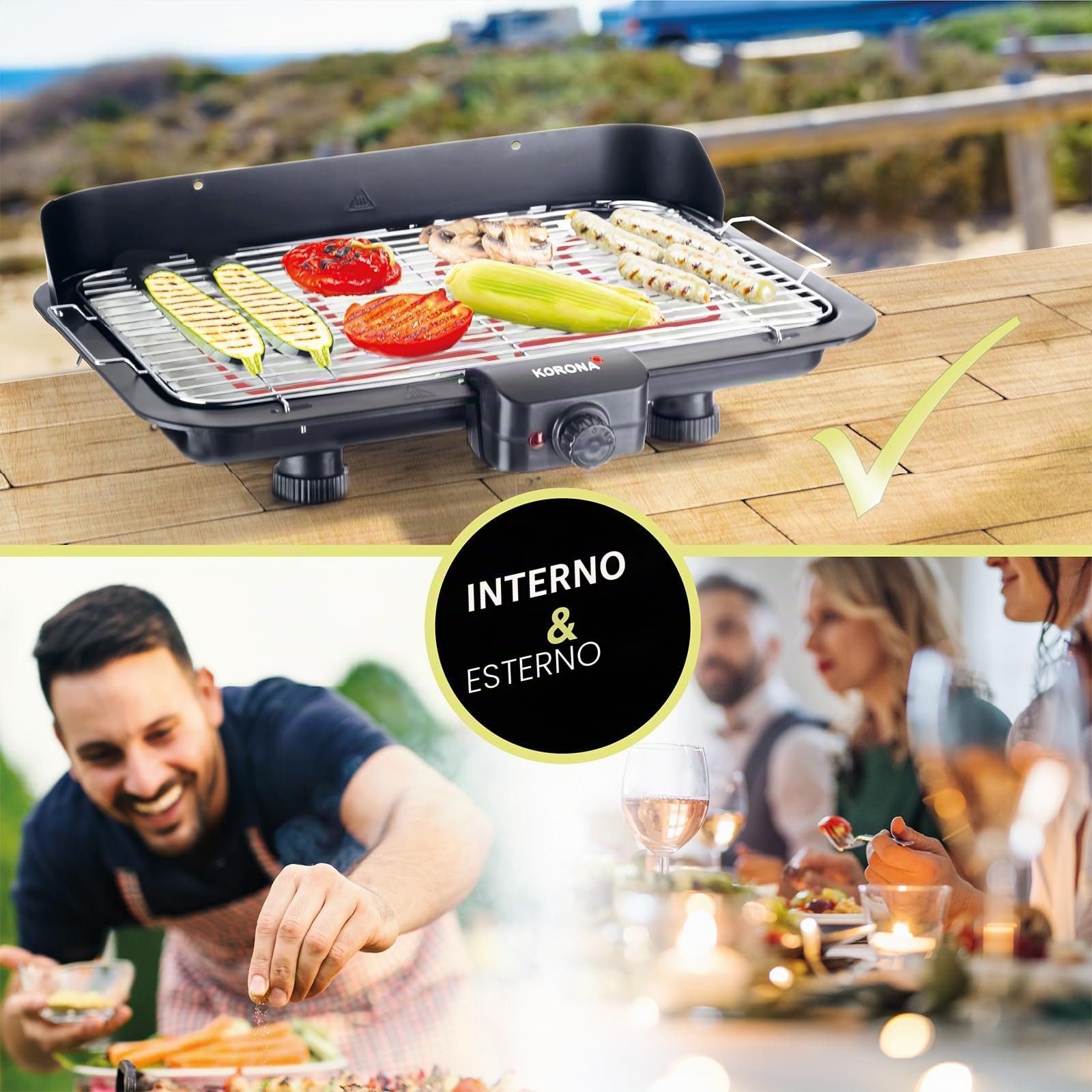 Korona 46117 Barbecue elettrico da tavolo con superficie barbecue XXL (51 x 30 cm) | 2200 Watt | elemento riscaldante rimovibile | interruttore di sicurezza | regolazione continua della temperatura