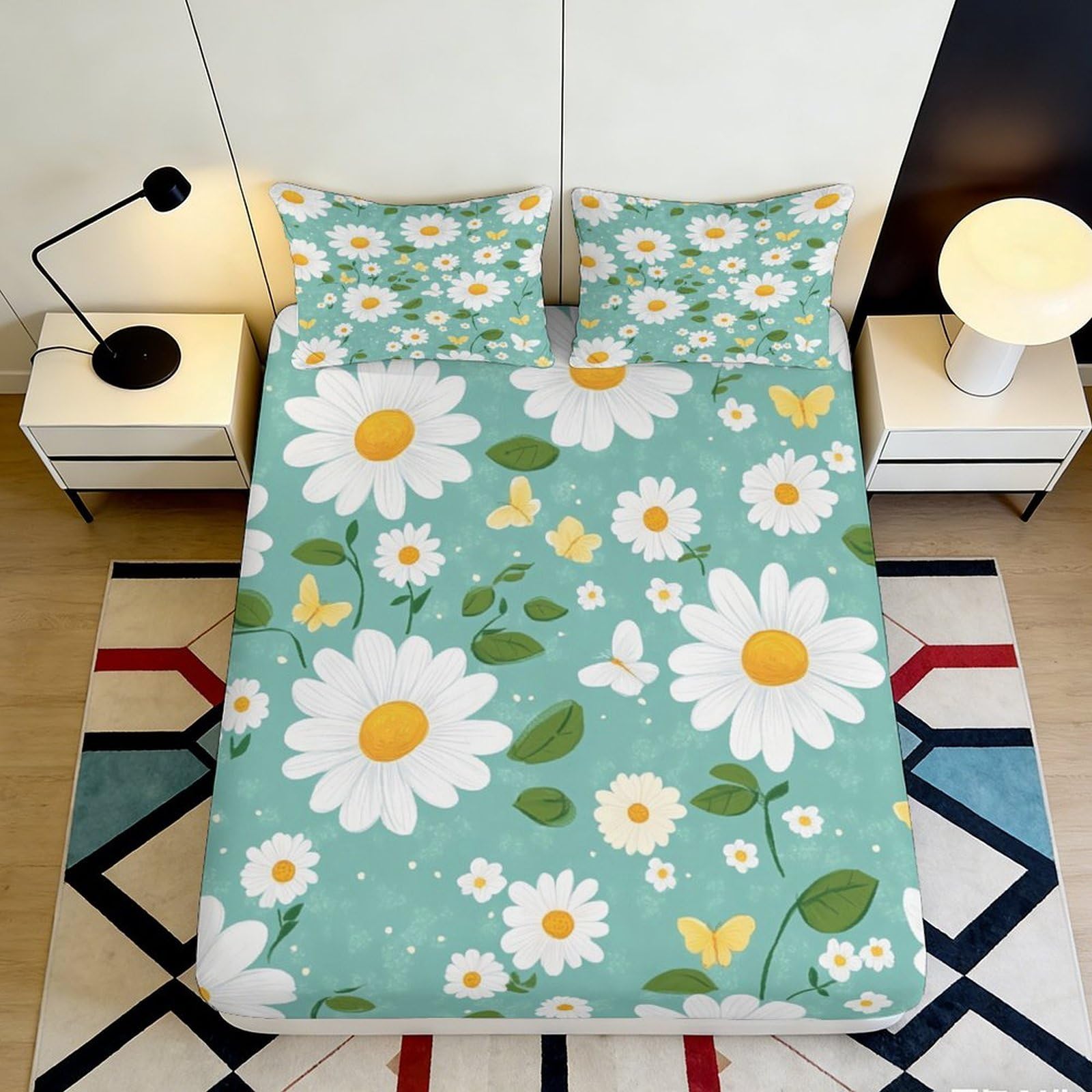 Pnayamiorkfel Style-4 3D Printed Daisy Flower Fitted Sheet Microfiber Turquoise Bed Cover With Butterfly Pattern For Bedroom Guest Room Home Decor 90X200x25cm