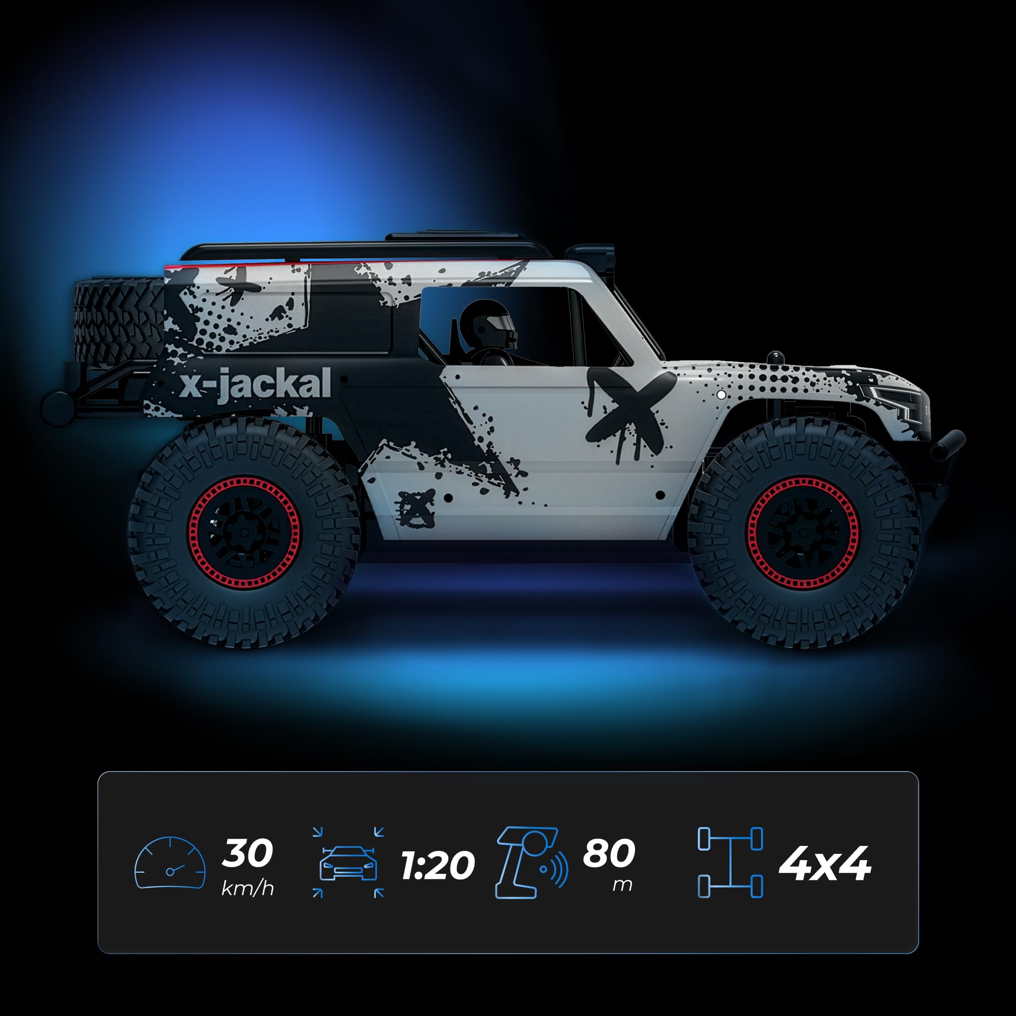 Overmax X-Jackal Ferngesteuertes RC-Auto 4WD, 30 km/h, Maßstab 1:20, 14+ | 370er Bürstenmotor, Proportionale Steuerung, 80 m Reichweite, Einzelradfederung, LEDs in 5 Farben, Li-Ion-Akku, ab 14 Jahren