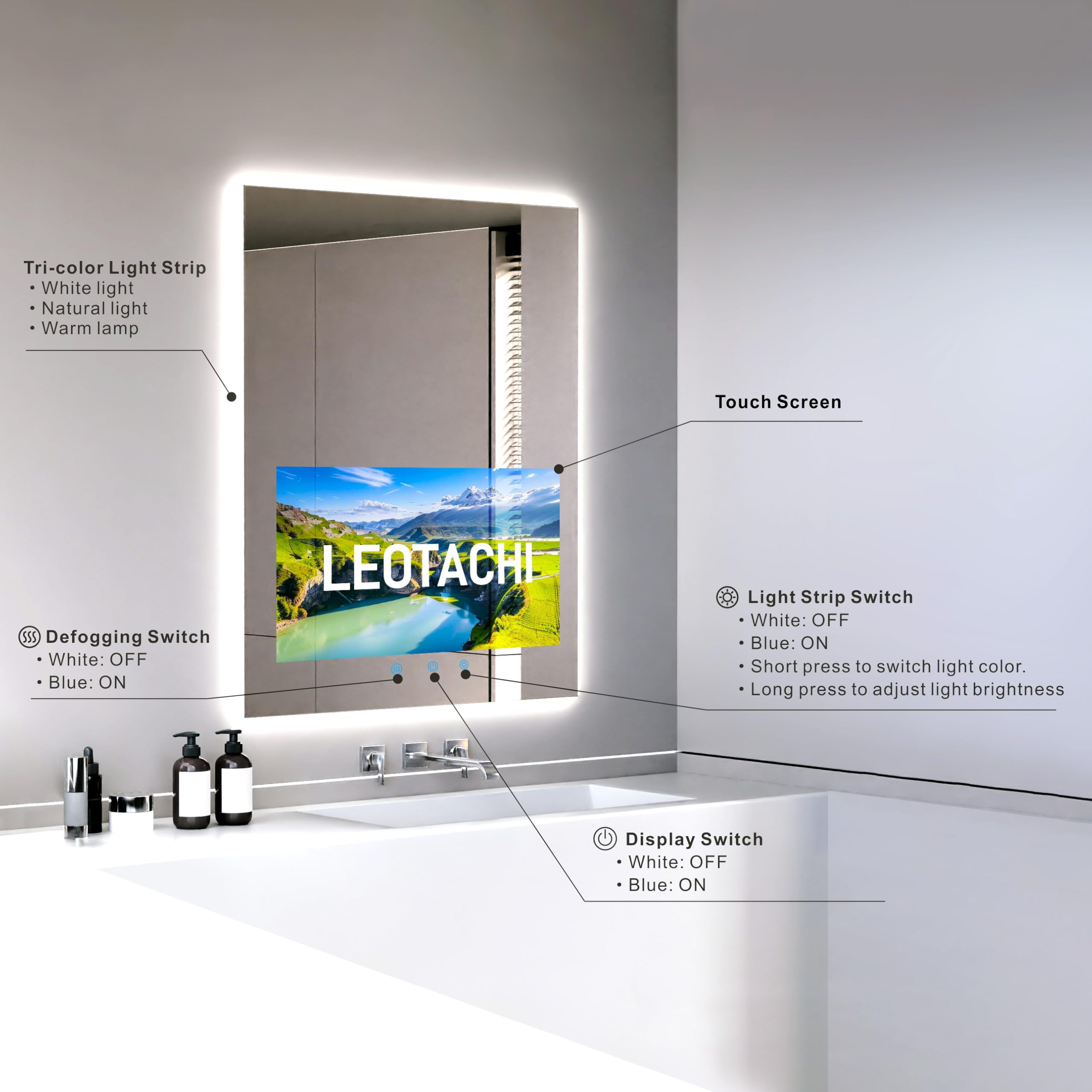 32" x 24" Smart Badezimmer-Waschtisch, wasserdichter Spiegel, eingebauter 21,5" Touchscreen-Fernseher mit Einstellbarer 3-Farben-LED-Beleuchtung