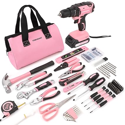 COMOWARE 167Pcs Home Tool Kit with Drill, Pink Drill Set for Women, Lady's Home Repairing Tool Kit with 20V Power Drill