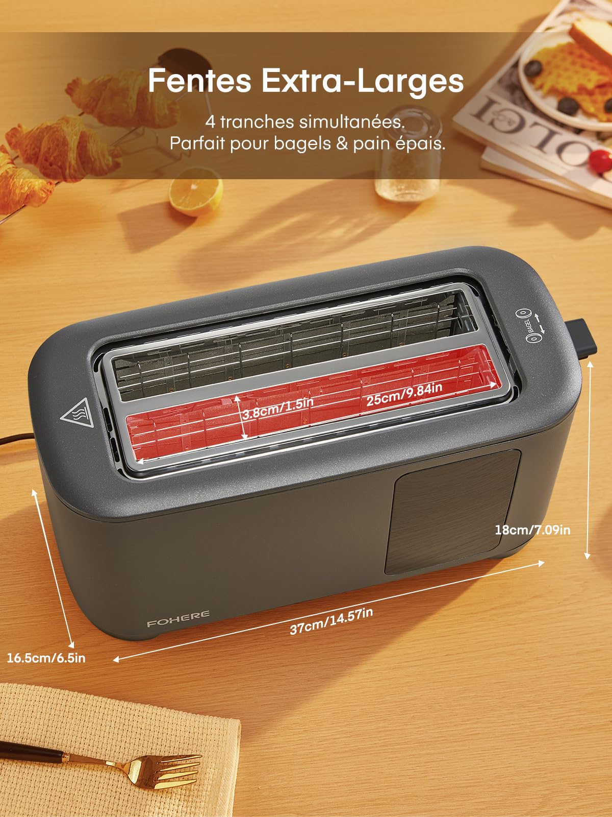 Grille Pain 4 Tranches, Longue Fente Toaster avec écran Tactile, 9 Niveaux de Dorage, 3 Types de Pain, Inox Grille Pain, Tiroir Ramasse Miettes Amovible, D'annulation/Décongélation/Réchauffage, Gris