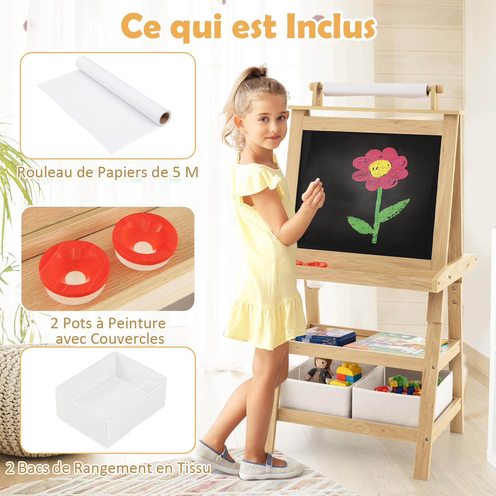 GOPLUS Caballete para niños de doble cara, Pizarra infantil de madera, Tabla de dibujo magnético con rollo de papel, cajas de almacenamiento, pintura multifunción accesorios completos (natural)