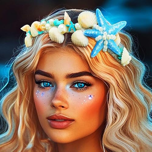 Unicra Diadema de estrella de mar con perlas para el pelo nupcial, aro de concha de mar, pieza para el cabello, accesorios para el cabello de boda