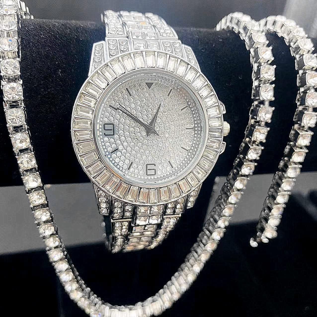 3PC Watch Necklace Bracelet Jewelry Set Men Women's Big Rocks Bezel Colored Dial Diamond Fully Iced Out Watch Tennis Chain Bracelet 5mm Width Bling Bling Items