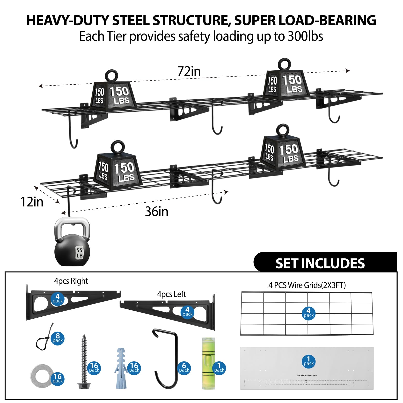 Sinoer 2Pack 1x6ft Garagenregal mit Haken, 12-Zoll-x-72-Zoll-Metallwandregal Garagenregalregale, für Geschäft, Schuppen, Garagenlagerung