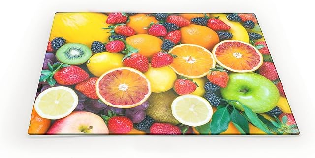 Clear Glass Chopping Board with Mixed Fruit Print - Size 30cm x 20cm - Non Slip Glass Worktop Savers for Kitchen - Great Worktop Protector for Any Food prep