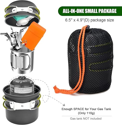 Miniatura 9 de Odoland - Juego de 8 utensilios de cocina para acampar, juego de ollas y sartenes con mini estufa de mochilero, taza de acero inoxidable, soporte